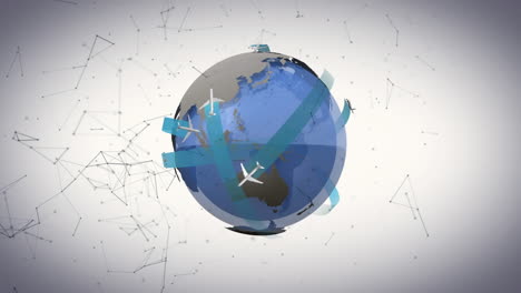 Animation-of-airplanes-moving-around-rotating-globe-over-connected-dots-against-abstract-background