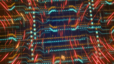 Animation-of-orange-light-trails-and-data-processing-over-circuit-board