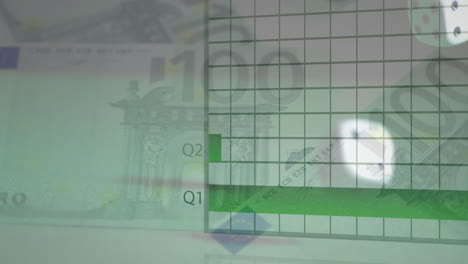 Animation-Der-Finanzdatenverarbeitung-über-Zwei-Würfel-Und-Euro-Scheine-Auf-Grünem-Hintergrund