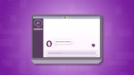 Animation-of-digital-screen-with-ai-chat-on-purple-background