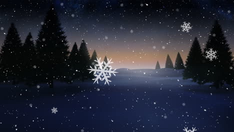 Animation-of-snow-falling-over-winter-fir-trees-landscape-background