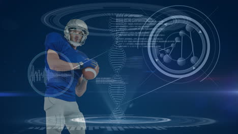 Animation-of-caucasian-american-football-player-over-diverse-data-on-dark-blue-background