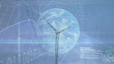 Animation-of-financial-data-processing-over-globe-and-wind-turbine