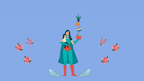Animation-of-superhero-mother-with-daughter-and-roses-icons-on-blue-background