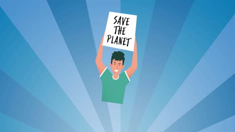 Animation-of-save-the-planet-text-on-placard-held-by-man-on-blue-striped-background