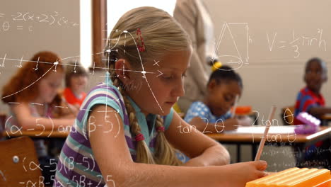 Animation-of-math-formulas-over-focused-caucasian-girl-learning-at-school