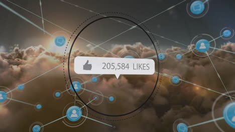 Animation-of-network-of-people-icons-and-social-media-notification-over-cloudy-sky-at-sunset