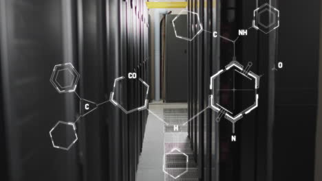 Animation-of-molecule-structures-against-server-room-in-background