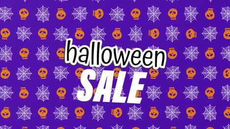 Animation-of-halloween-sale-over-skulls-and-spiders-web-on-purple-background
