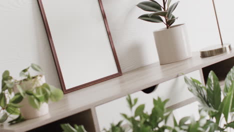 Wooden-frame-with-copy-space-on-white-background-with-plants-on-desk-against-white-wall