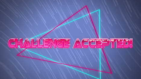 Animation-of-challenge-accepted-text-over-triangles-and-falling-lines-over-blue-background