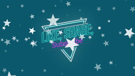 Animation-of-like-share-subscribe-text-over-stars-on-blue-background