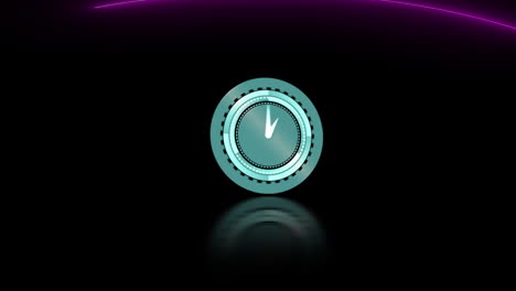 Animation-of-neon-ticking-clock-icon-and-purple-light-trails-against-black-background