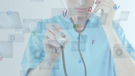 Animation-of-letters-changing-and-scopes-on-screens-over-female-doctor-with-stethoscope