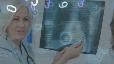Animation-of-numbers-changing-and-scopes-on-screens-over-female-doctor-with-x-ray