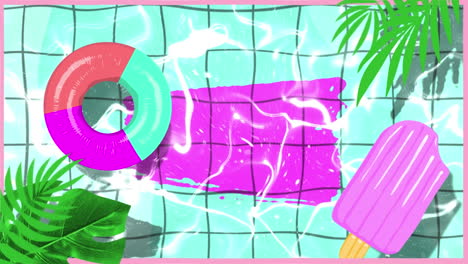 Animation-Von-Schlauchbooten-Und-Blättern-Symbolen-über-Dem-Pool-Mit-Kopierraum