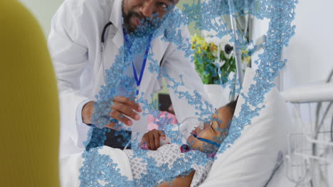 Animation-of-dna-strand-and-data-processing-over-male-doctor-with-child-patient