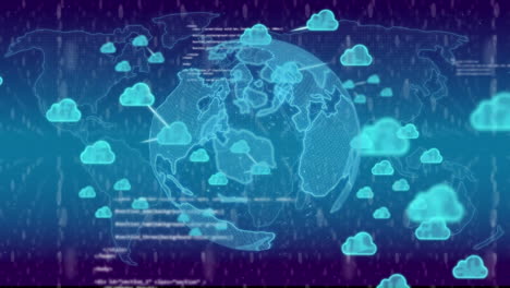 Animation-Von-Wolkensymbolen,-Globus-Und-Datenverarbeitung-Auf-Blauem-Hintergrund