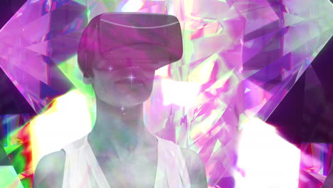 Animation-Der-Datenverarbeitung-über-Einer-Frau,-Die-Ein-VR-Headset-Verwendet