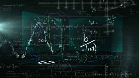 Animation-of-data-processing-and-mathematical-equations-on-black-background