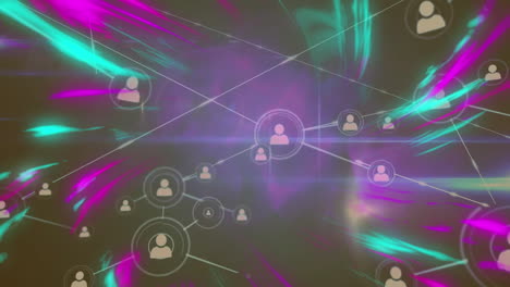 Animation-of-network-of-profile-icons-over-glowing-green-and-purple-digital-waves-on-grey-background