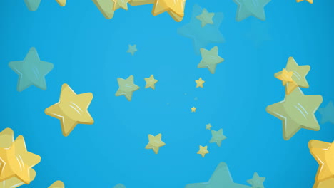 Animation-of-gold-christmas-stars-falling-and-shimmering-on-blue-background