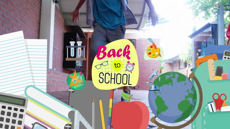Animation-of-back-to-school-text-banner-and-icons-over-diverse-kids-running-in-school-corridor