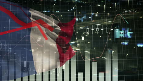 Animation-of-graphs-and-data-processing-over-flag-of-france-on-black-background