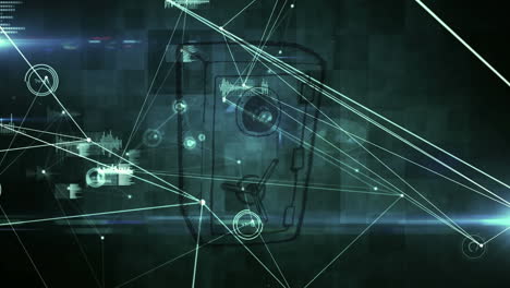 Digitale-Animation-Des-Netzwerks-Von-Verbindungen-über-Dem-Sicherheitstresor-Symbol-Auf-Grünem-Hintergrund