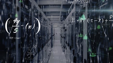 Animation-of-mathematical-equations-and-network-of-connections-against-computer-server-room