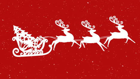 Snow-falling-over-christmas-tree-in-sleigh-being-pulled-by-reindeers-against-red-background