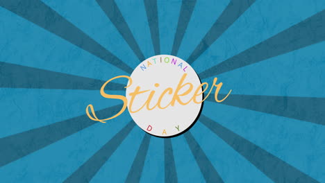 Animation-of-national-sticker-day-in-multi-coloured-letters-over-white-circle-and-blue-stripes