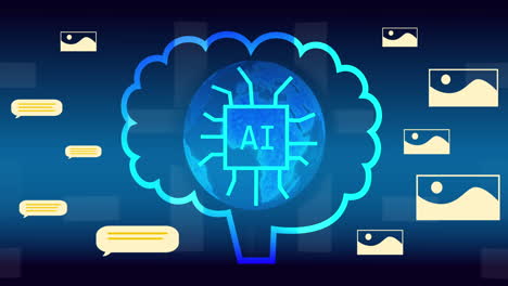 Animation-Des-Gehirns-Mit-Globus-Und-KI-Text-über-Landschaftssymbolen-Auf-Blauem-Hintergrund