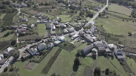 Aerial-Footage-Of-Village-With-Green-Fields-And-Trees,-Abeleda,-Spain