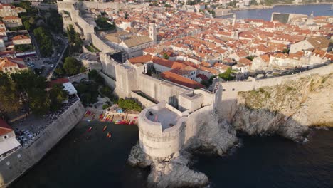 Aerial-of-Dubrovnik:-Kolorina-bay,-and-Fort-Bokar-by-the-Adriatic-Sea