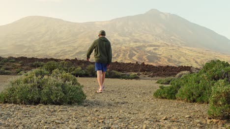 Young-male-tourist-roams-freely-through-Tenerife's-barren-landscape