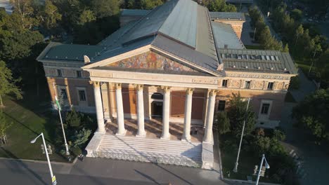 Aerial-Boom-Shot-Above-Budapest-Palace-of-Arts-in-City-Park