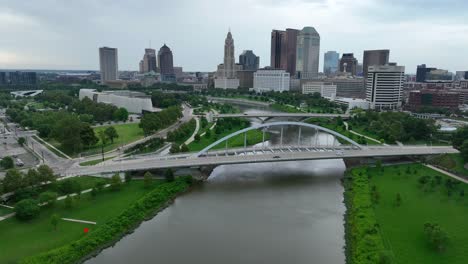 Aerial-view-of-Columbus,-Ohio-showcasing-the-Scioto-River,-a-sweeping-bridge,-lush-riverbanks,-and-the-city's-distinct-skyline