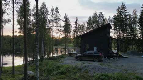 Nordic-Summer-Cabin-And-Sunset-Over-Lake,-Nordic-Vacation