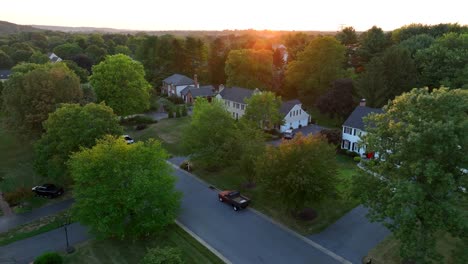 Golden-hour-sunset-over-upscale-neighborhood-in-America