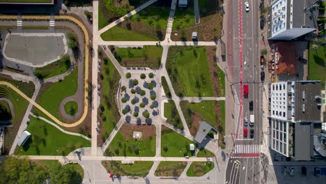 Aerial-top-down-Central-Park-in-Gdynia---slow-fly-over-green-place-in-the-center-of-city