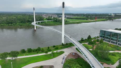 Cable-stayed-bridge-over-a-river-in-Omaha,-NE-with-pedestrian-walkways