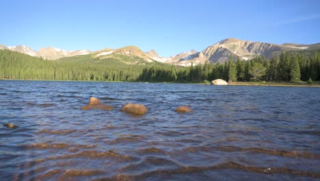 Rocky-Mountains-with-pine-trees-viewed-across-snow-melt-lake-during-the-morning,-static