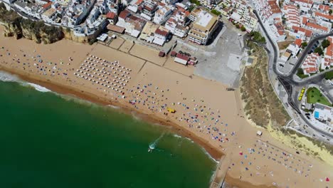 Drone-top-shot-of-the-beach-in-Albufeira,-Portugal