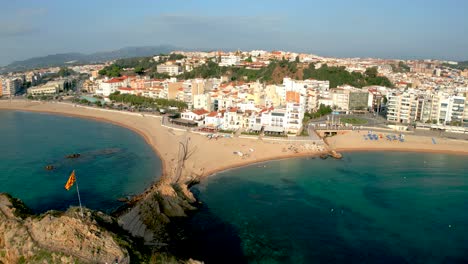 Aerial-image-with-Drone-of-Blanes,-on-the-Costa-Brava-of-Girona,-main-beach,-La-Palomera