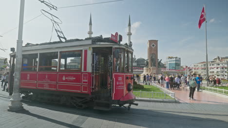 Nostalgic-public-electric-red-tram-at-Taksim-square-terminus-Istanbul