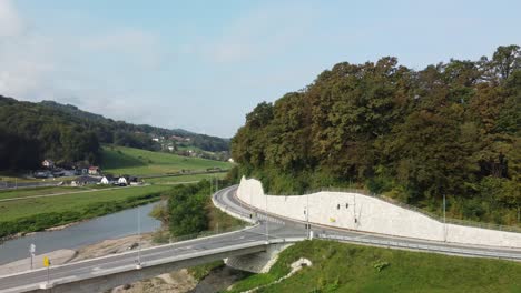 Drone-view-of-River-and-highways-in-Marija-Gradec,-Laško,-Slovenia