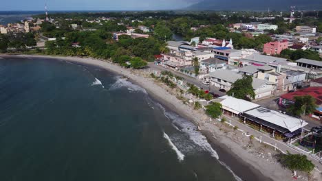 Aerial-view:-Caribbean-beach-at-La-Ceiba-city-in-northern-Honduras