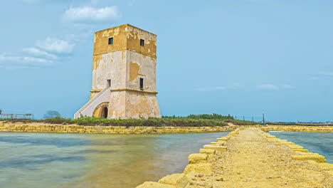 Timelapse-of-Torre-Nubia-Watchtower-Paceco,-Italy,-next-to-Trapani-Saltern