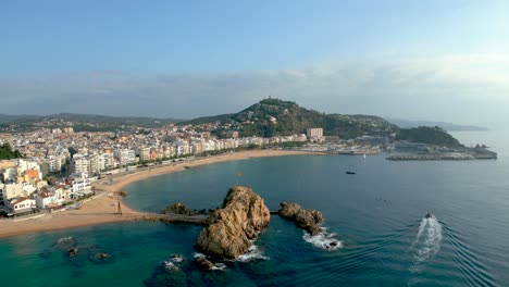 aerial-image-with-Drone-of-the-bay-of-Blanes-on-the-Costa-Brava,-wide-angle-shot-of-the-main-and-port